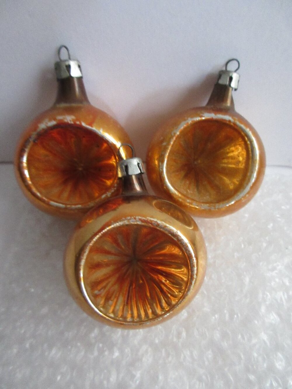 3 Polish Blown Gold Amber Glass Indent Christmas Ornament Poland Glitter Vtg